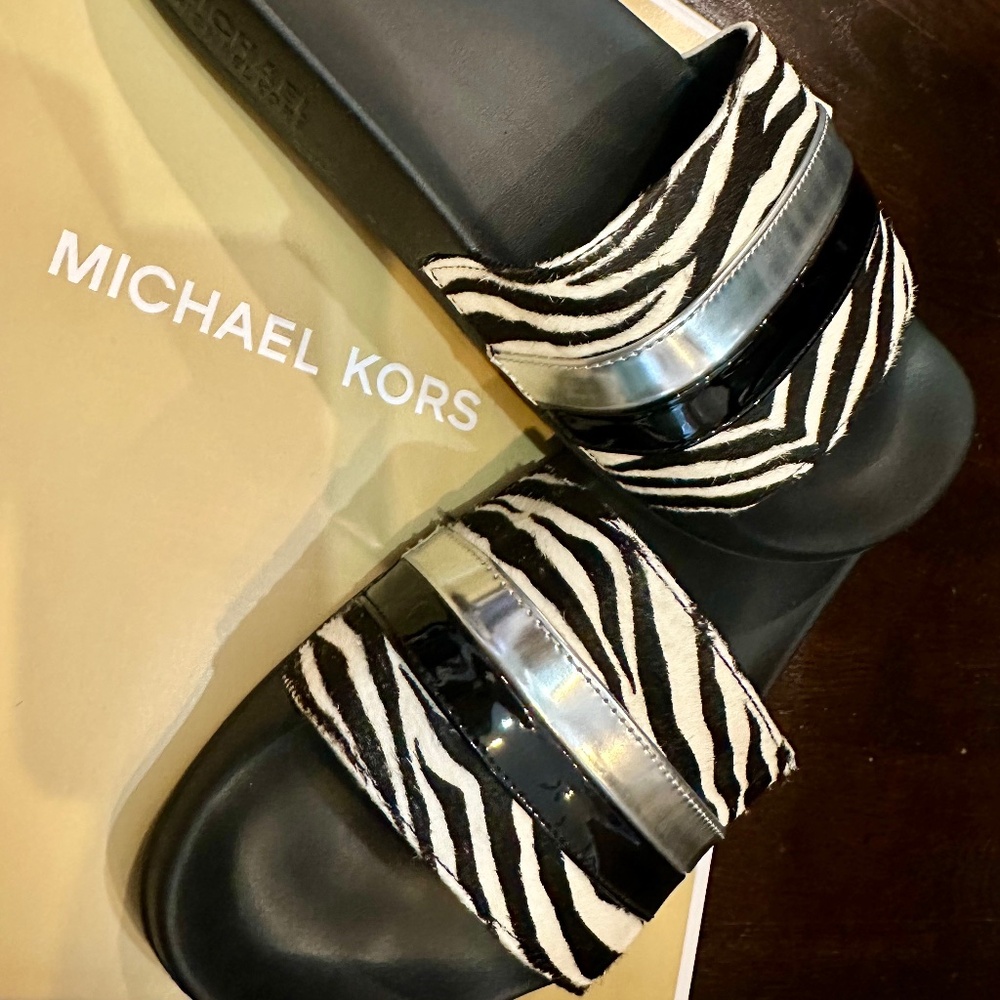 SOLD - MICHAEL KORS -  Brandy Zebra Print Calf Hair Slide Sandals - Size 10